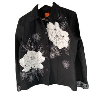 Hearts of Palm Black Floral Applique Beaded Embroidered Button‎ Jacket Size 10